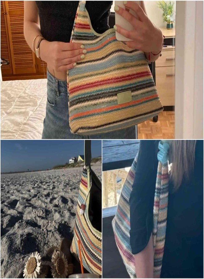 Winatehr straw beach tote bag, summer vacation crochet purse, woven trendy colorful cute shoulder bag with zipper, beach stuff gifts for women - Image 2